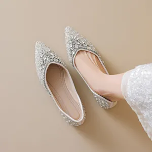 French Pointed Toe Flat Wedding Shoes For Women Champagne Satin Rhinestone Pearl Bridal Flats Elegant Banquet Dress Shoes