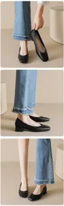 Detail of elegant black square-toe block heel shoes styled with raw hem denim jeans