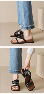 Close-up of black crisscross leather straps and thick platform wedge sole on women's sandals