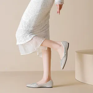 Elegant pointed flat shoes for women with mesh fabric, rhinestones and faux pearls decor