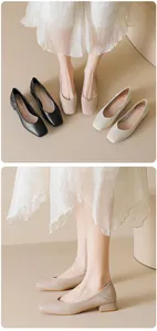 Detail showing square toe design and low block heels in black, beige, and cream leather