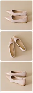 Close-up of nude pointed-toe flat shoes with contrast suede and glossy patent finish