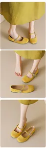 Detail of yellow flat Mary Jane shoes with strap paired with a yellow skirt