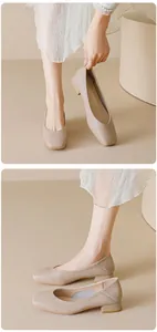 Detail view of beige square-toe pumps with stable block heels and soft leather texture
