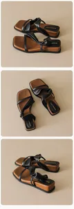 Detail of square toe flat sandal with black knotted straps and French retro design