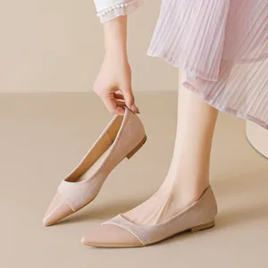 French style nude pointed toe flats for women with patent and suede stitching detail