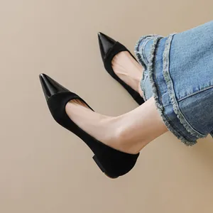 Women's pointed toe flat shoes in mixed black patent leather and suede finish