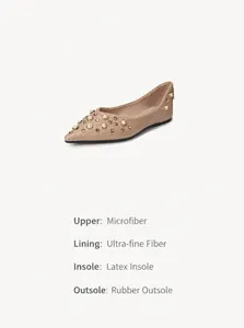 Détails d'une chaussure plate française à pointe avec perles et strass sur microfibre beige
