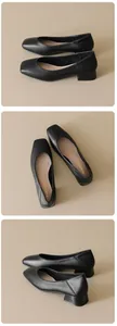 Three-view detail of black square-toe leather block heel pumps for office commute
