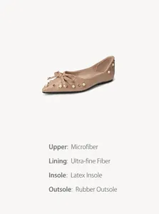 Detailansicht beige spitze Ballerinas mit Schleife und Perle aus Mikrofaser-Obermaterial