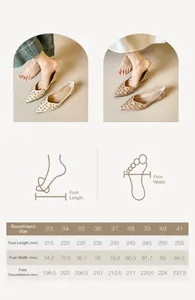 Guide des tailles détaillé pour ballerines à bout pointu avec mesures de pied précises