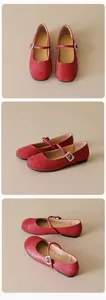 Detailed views of red leather Mary Jane flat shoes with silver buckles and round toe