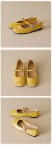 Detailed close-up of yellow Mary Jane flats featuring suede toe cap and silver buckle strap