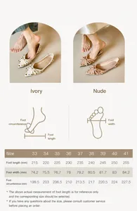 Detaillierte Größentabelle für flache spitze Schuhe mit Schleife und Maßen in Millimetern
