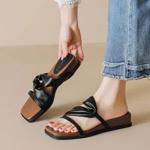 Women's black platform wedge sandals with retro square toe and knot cross straps