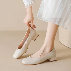 French Vintage Square Toe Block Heel Pumps For Women Microfiber Leather Shallow Mouth Mid Heel Casual Granny Shoes Elegant Office Single Shoes