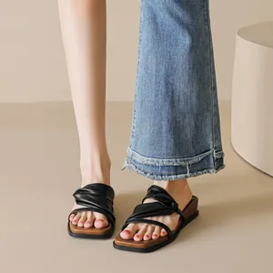 French retro square toe platform sandals with black knotted leather strap and brown sole