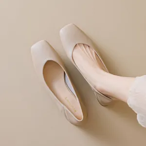 Elegant beige square-toe ballet flats for women with soft leather and shallow cut design