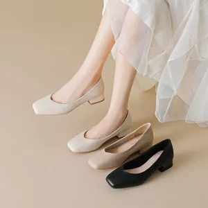 Elegant square toe block heel pumps for women in beige and black colors