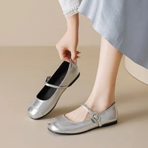 Chic silver metallic Mary Jane flat shoes with adjustable buckle strap for women