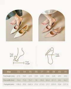 Size chart for pointed toe rhinestone flats with foot measurement guide from 33 to 41