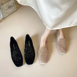 Elegant rhinestone ballet flats with square toe and beaded velvet texture in black and apricot