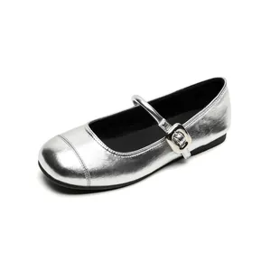 Silver Mary Jane ballet flats with metallic finish and square buckle strap on white background
