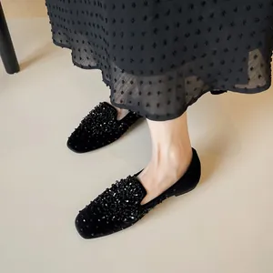 Elegant black velvet square toe ballet flats with sparkling rhinestone embellishments