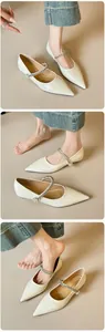 Detail of white pointed-toe Mary Jane flat with rhinestone strap and pearl accents