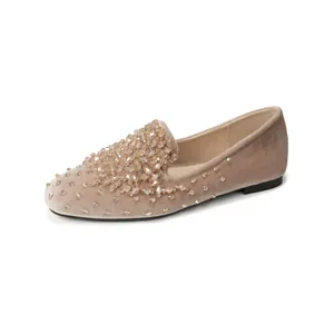 Elegant champagne velvet flat loafers for women with sparkling crystal beads and round toe