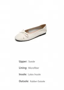 Dettaglio ballerine beige con fiocco, tacco di 1,5 cm e specifiche dei materiali