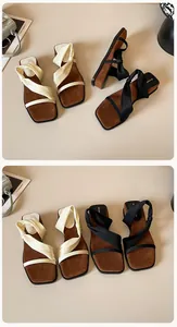 Detail of square toe slide sandals with silk-texture knotted straps and suede footbed