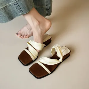Women's Casual Platform Square Toe Sandals Vintage Microfiber Two-Way Wear Slippers Comfortable Summer Beach Shoes For Women