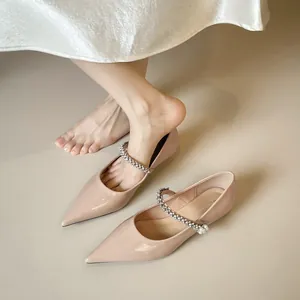 Women French Vintage Patent Leather Mary Jane Flats Elegant Pointed Toe Single Shoes With Rhinestone Pearl Strap Party Shoes