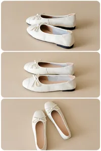 Viste dettagliate di ballerine beige con trama intrecciata e fiocco decorativo
