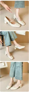 French square toe Mary Janes with rhinestone chain strap and block heel shown in lifestyle views