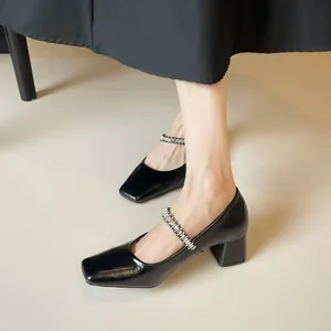 French square toe Mary Jane pumps with rhinestone chain strap and block heels in black