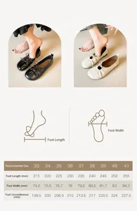 Detailed size chart for French ballet Mary Jane flats showing foot length and width