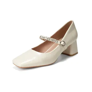 Cream square toe Mary Jane pumps with rhinestone chain and chunky mid heels