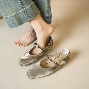 Women Retro Square Toe Mary Jane Shoes Champagne Satin Microfiber Buckle Low Cut Neo-Chinese Style Flats Casual Single Shoes