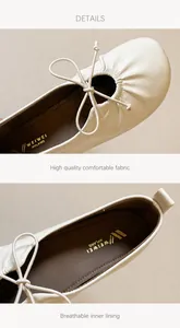 Close-up of square-toe ballet flats in cream soft leather with delicate bow detail