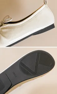 Detail of comfortable flat heel and non-slip durable sole on cream leather shoes