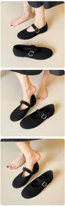 Close-up of black suede Mary Jane flats featuring a slim ankle strap and silver buckle