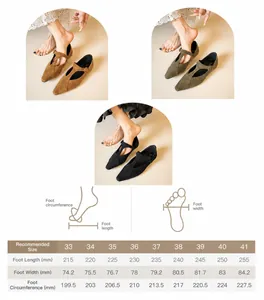 Tableau des tailles détaillé pour ballerines Mary Jane rétro en daim avec bout pointu élégant