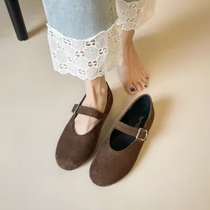 Dark brown suede Mary Jane flat shoes with round toe and adjustable buckle strap
