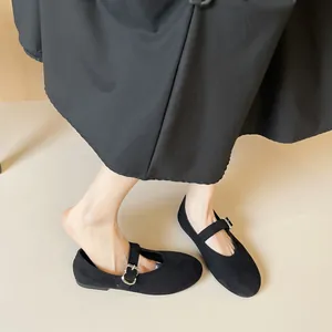 Classic black suede round toe Mary Jane flats with adjustable metal buckle strap