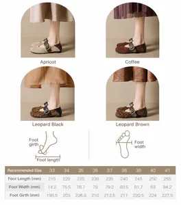 Tableau des tailles pour ballerines Mary Jane léopard avec mesures détaillées