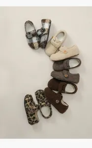 Detail view showing five warm plush baby shoes in various patterns like leopard and plaid