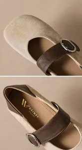 Vue macro des ballerines Mary Jane léopard avec finition en daim et boucle en métal argenté
