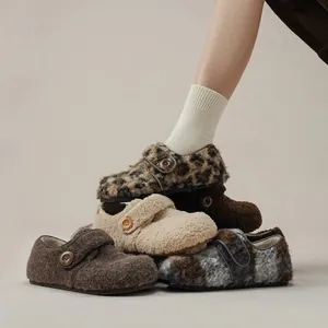 Fleece lined leopard and tweed platform mules for winter warmth with thick soles